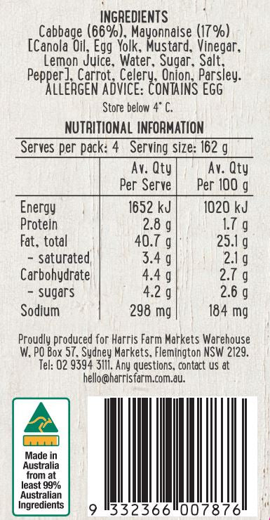 Harris Farm Side Salad Creamy Coleslaw 550g
