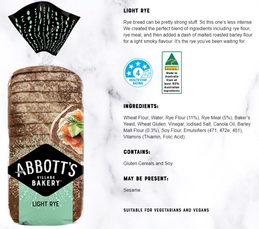 Abbotts Bakery Light Rye 680g