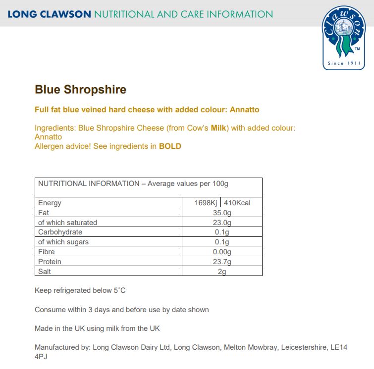 Long Clawson Shropshire Blue Cheese 100-200g