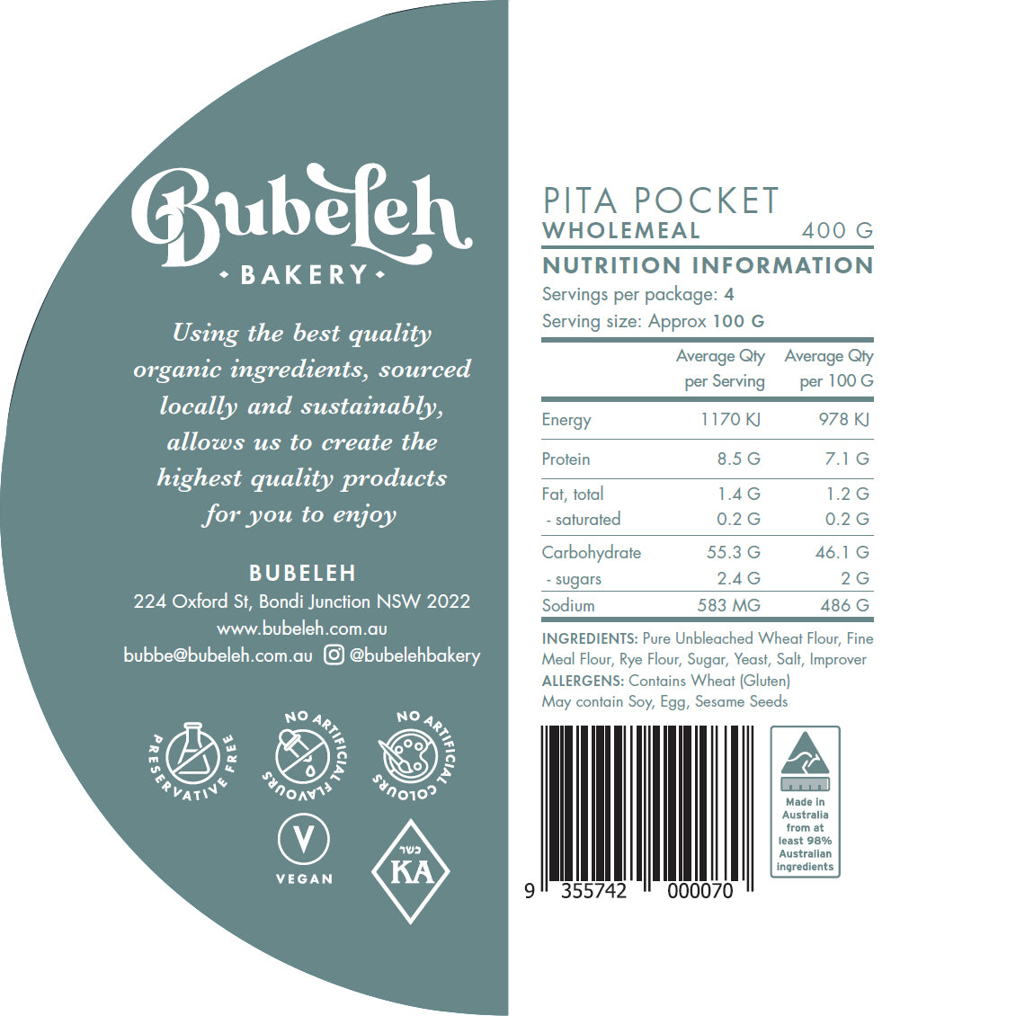 Bubeleh Bakery Wholemeal Pita Pockets | Harris Farm Online