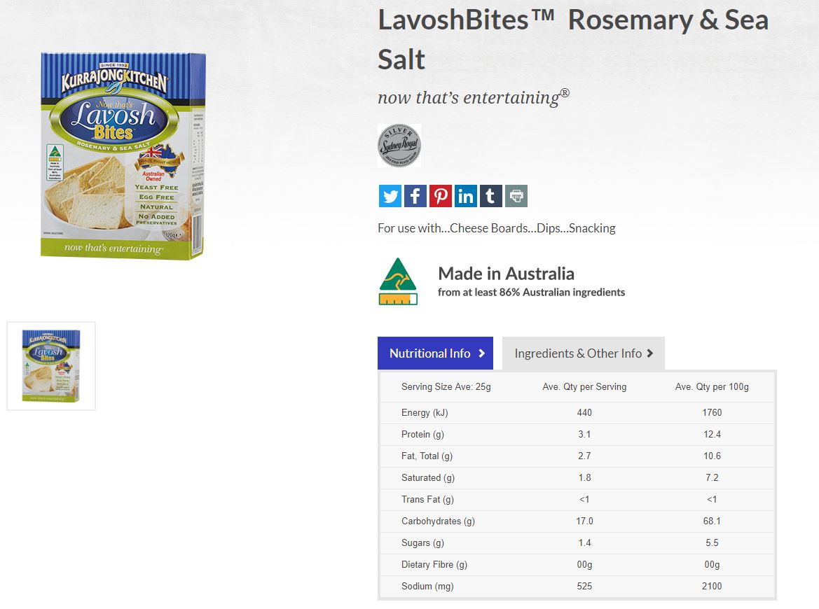 Kurrajong Kitchen Lavosh Thins Rosemary and Sea Salt 125g