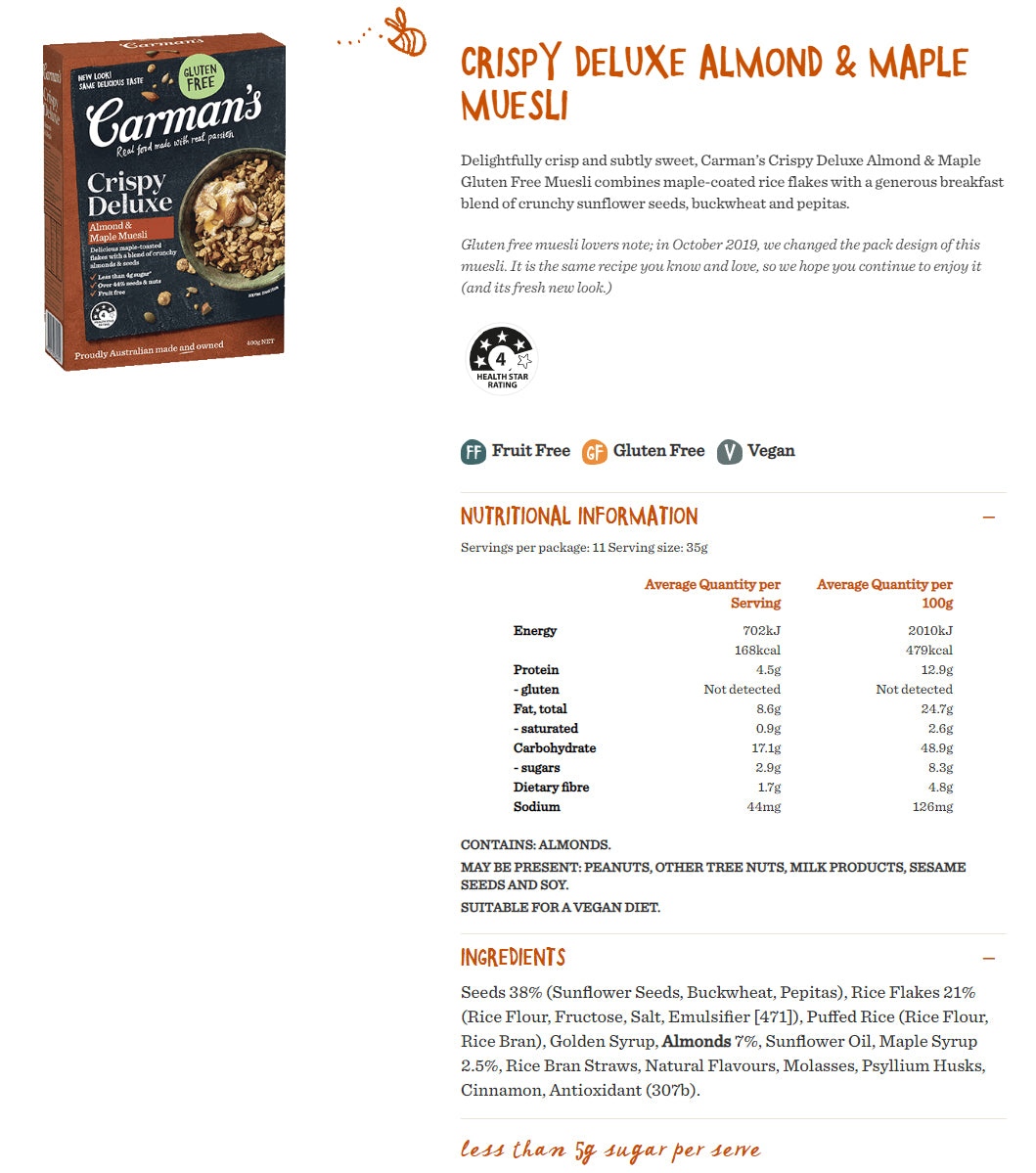 Carman's Muesli - Crispy Deluxe Almond & Maple | Harris Farm Online