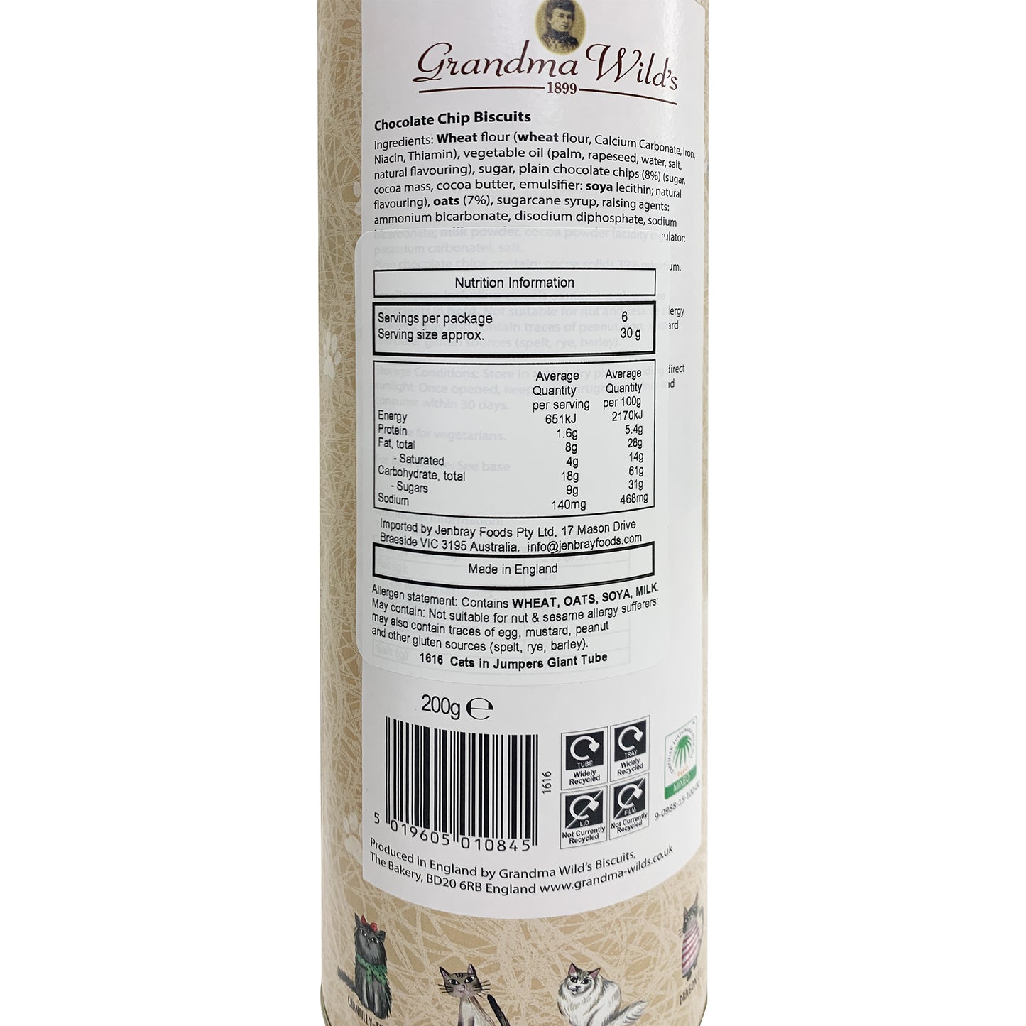 Grandma Wild's Chocolate Chip Biscuits Cat print Tube | Harris Farm Online