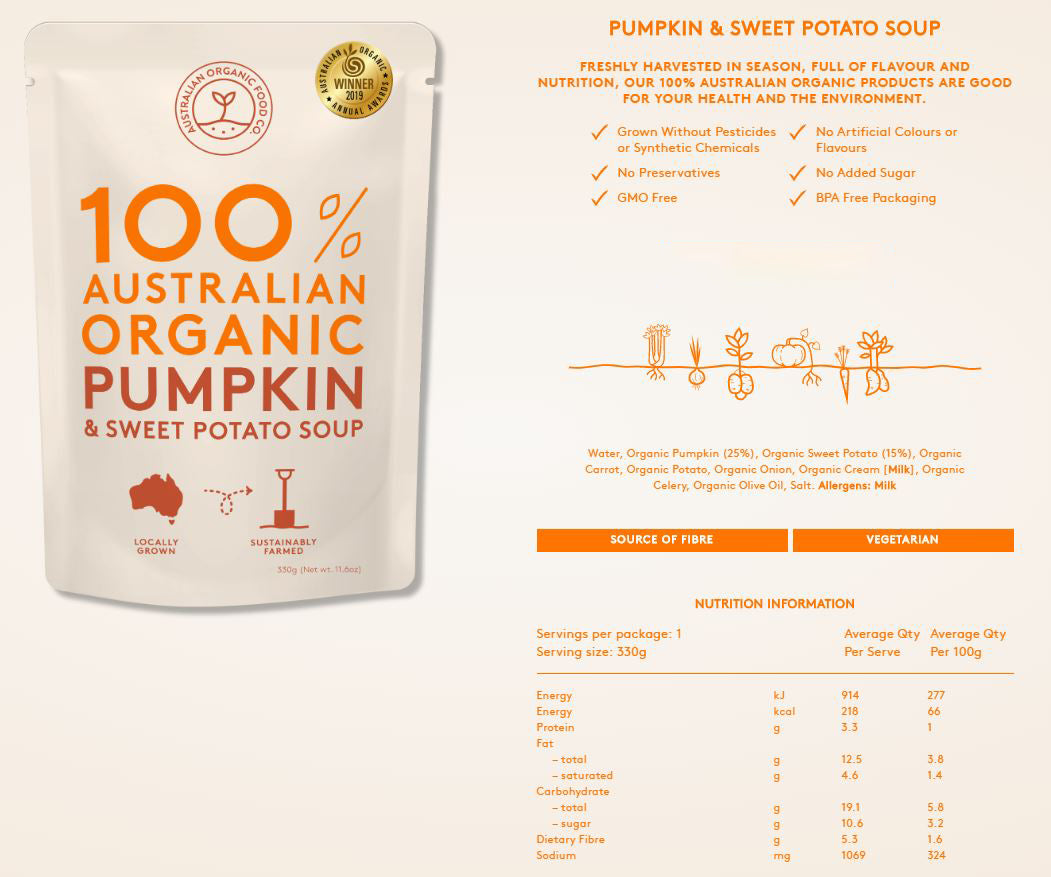 Australian Organic Food Co Pumpkin and Sweet Potato Organic Soup 330g