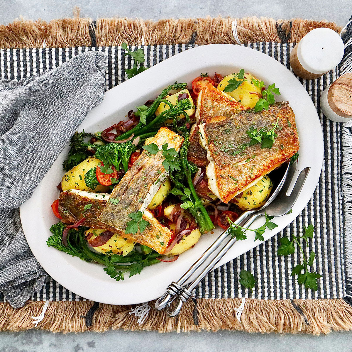 Crispy Skin Barramundi - with Potatoes Olive and Tomato Salad | Harris Farm Online