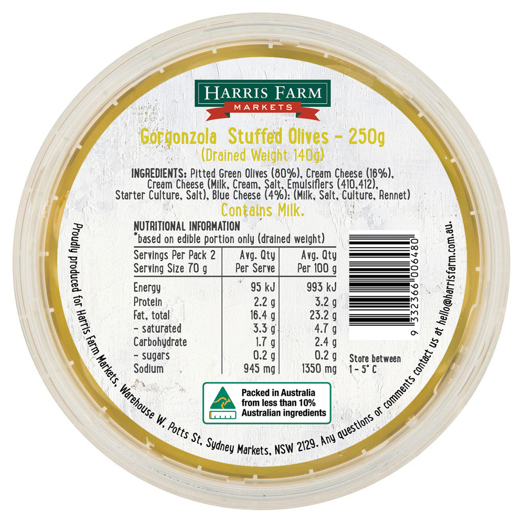 Harris Farm Olives Gorgonzola Stuffed 250g