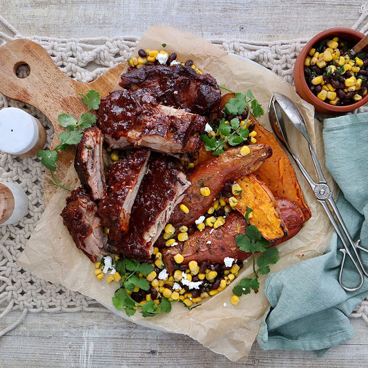 BBQ Pork Ribs - with Roasted Sweet Potatoes & Corn Salad  |  Harris Farm Online