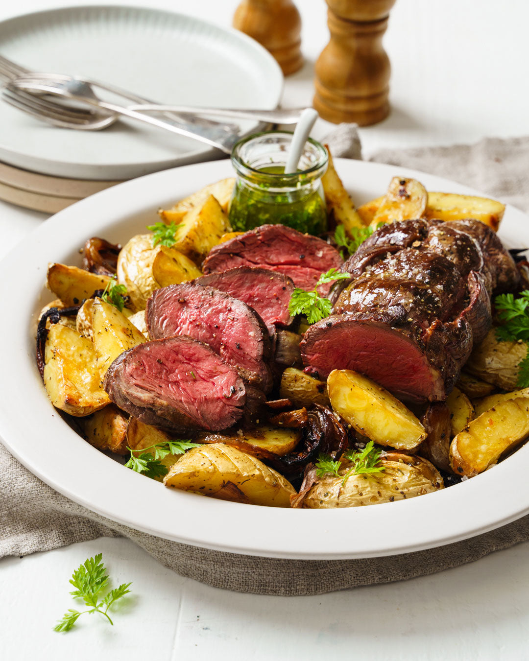 Beef Eye Fillet - with Roasted Potatoes and Chimichurri | Harris Farm ...