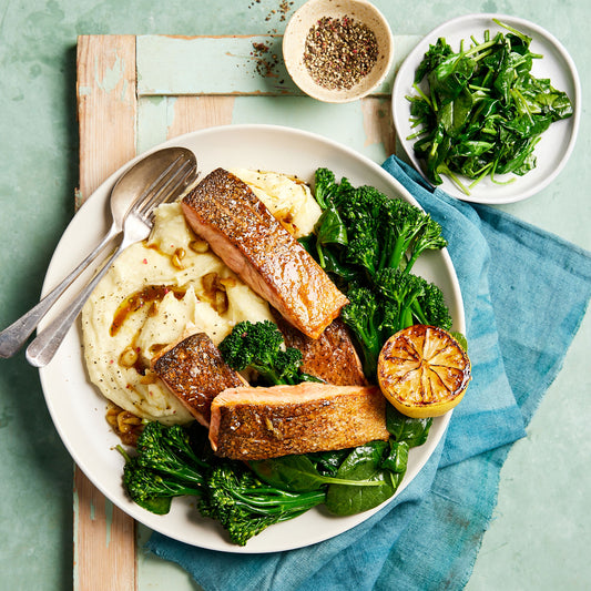 Pan Fried Garlic and Honey Glazed Salmon - with Mash and Greens | Harris Farm Online