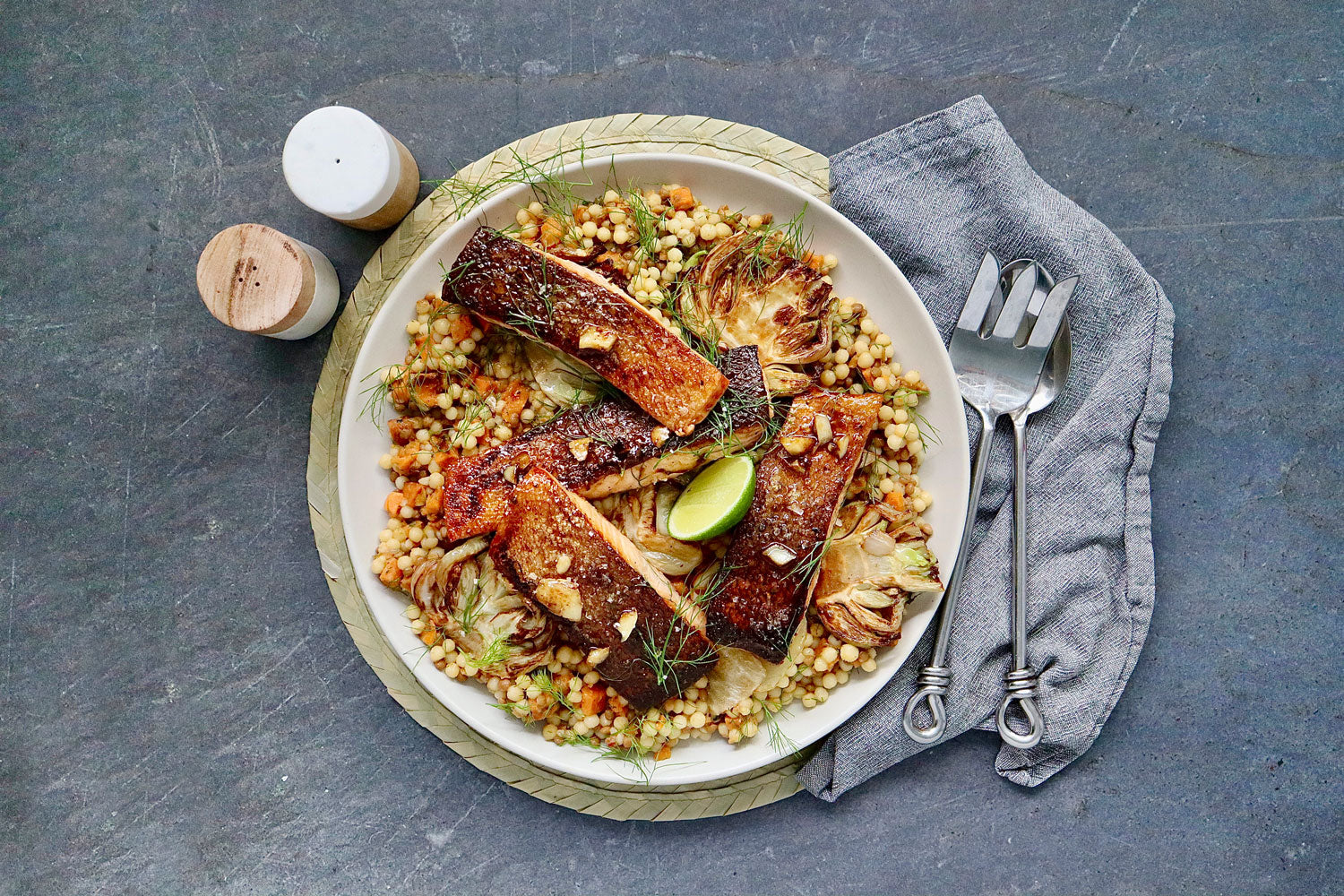 Honey Garlic and Lime Crispy Salmon - with Giant Couscous Salad | Harris Farm Online