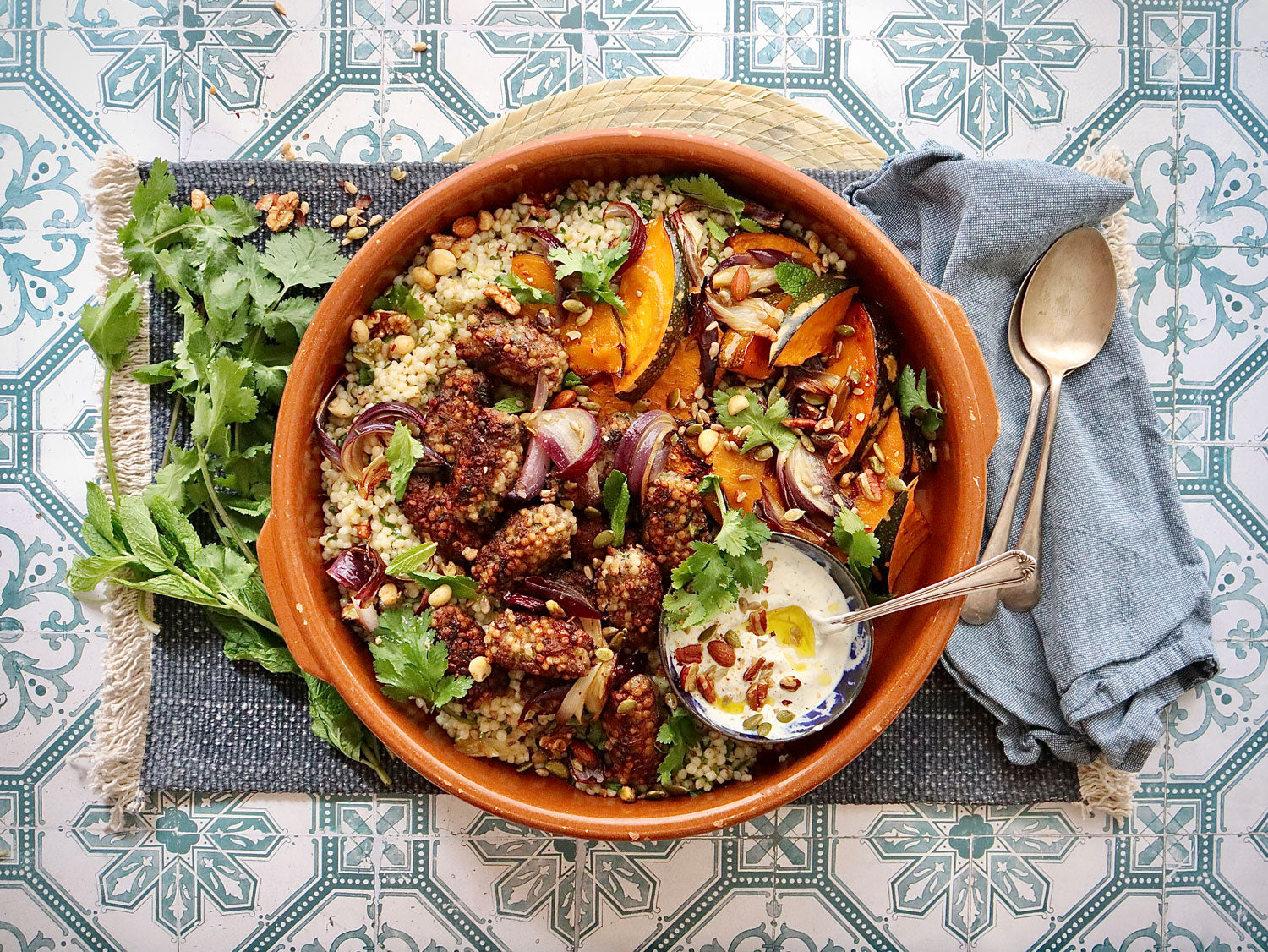 Crispy Lamb Koftas - with Giant Couscous Salad Roasted Pumpkin And Tzatziki | Harris Farm Online