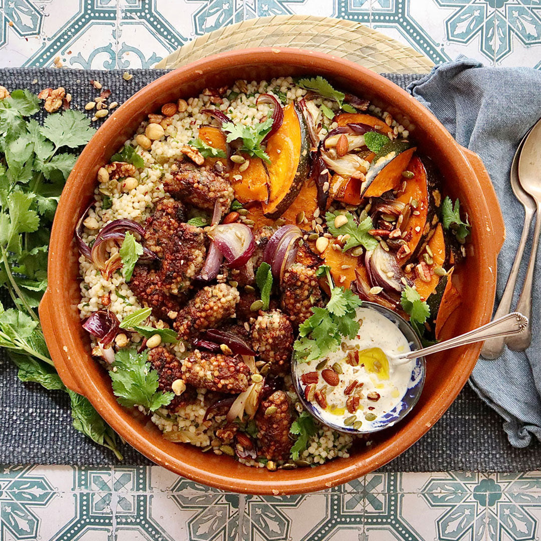 Crispy Lamb Koftas - with Giant Couscous Salad Roasted Pumpkin And Tzatziki | Harris Farm Online