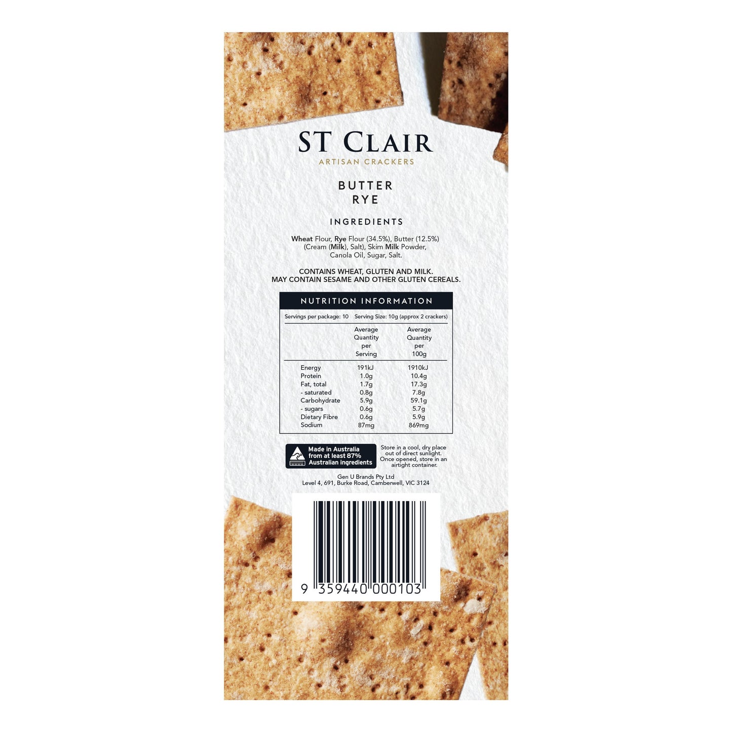 St Clair Artisan Crackers Butter Rye 100g