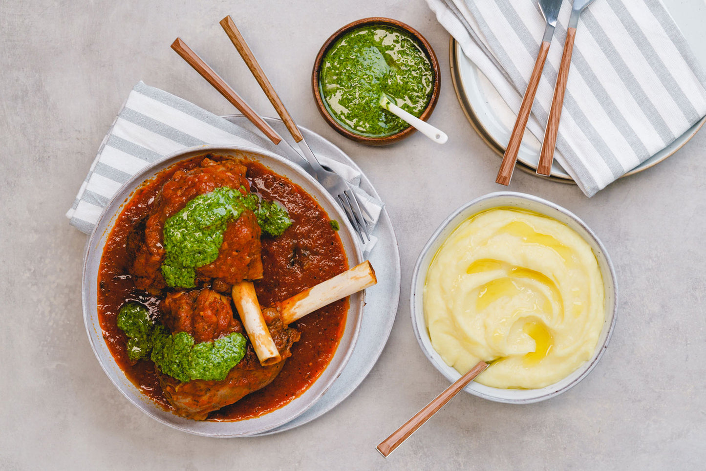 Tomato Passata Braised Lamb Shanks - with Mash and Salsa Verde | Harris Farm Online