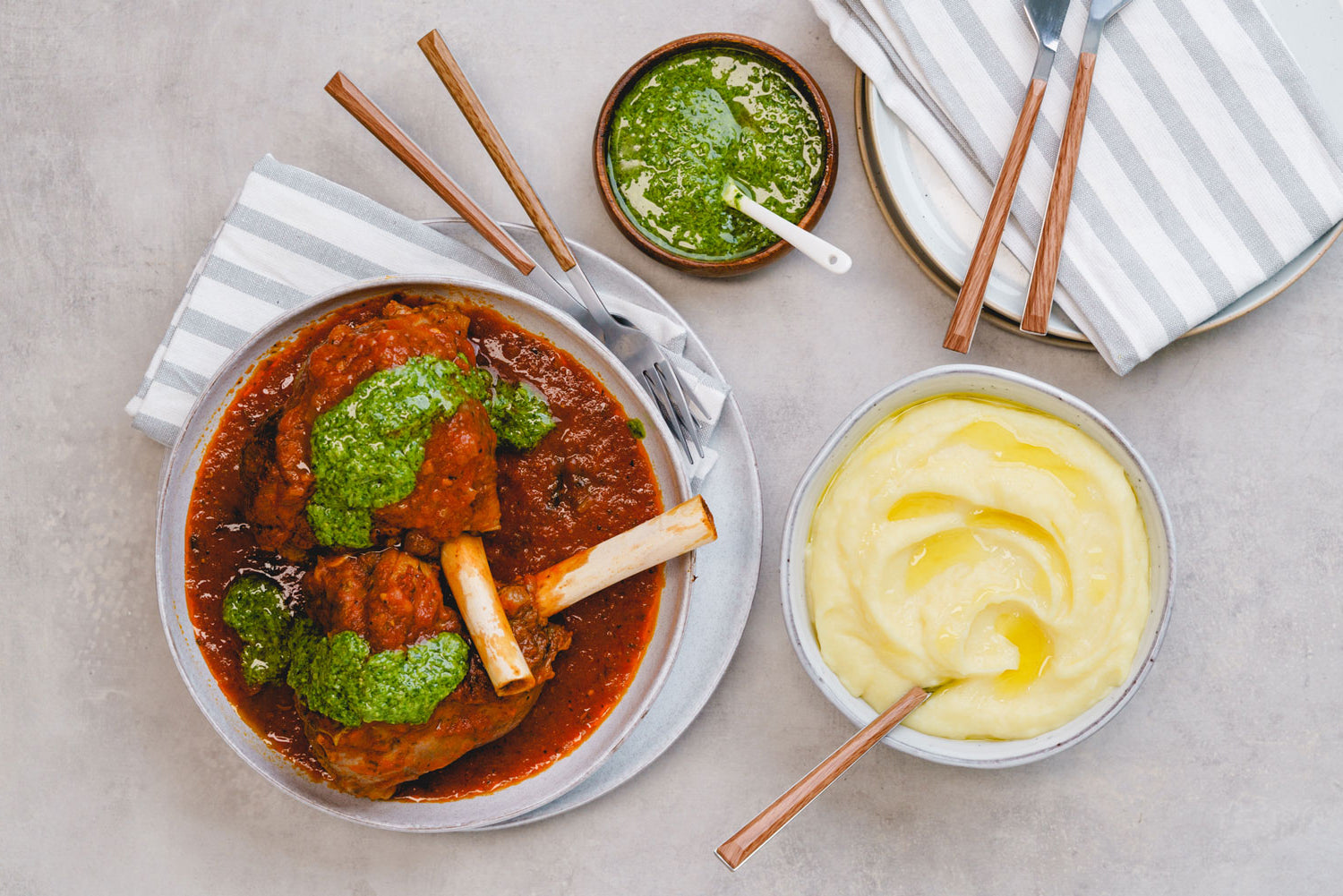 Tomato Passata Braised Lamb Shanks - with Mash and Salsa Verde | Harris Farm Online