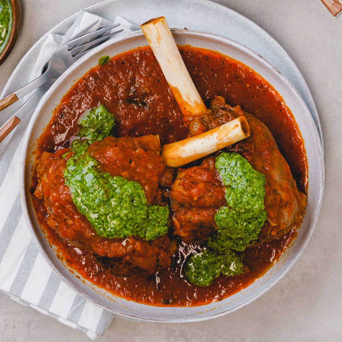 Tomato Passata Braised Lamb Shanks - with Mash and Salsa Verde | Harris Farm Online