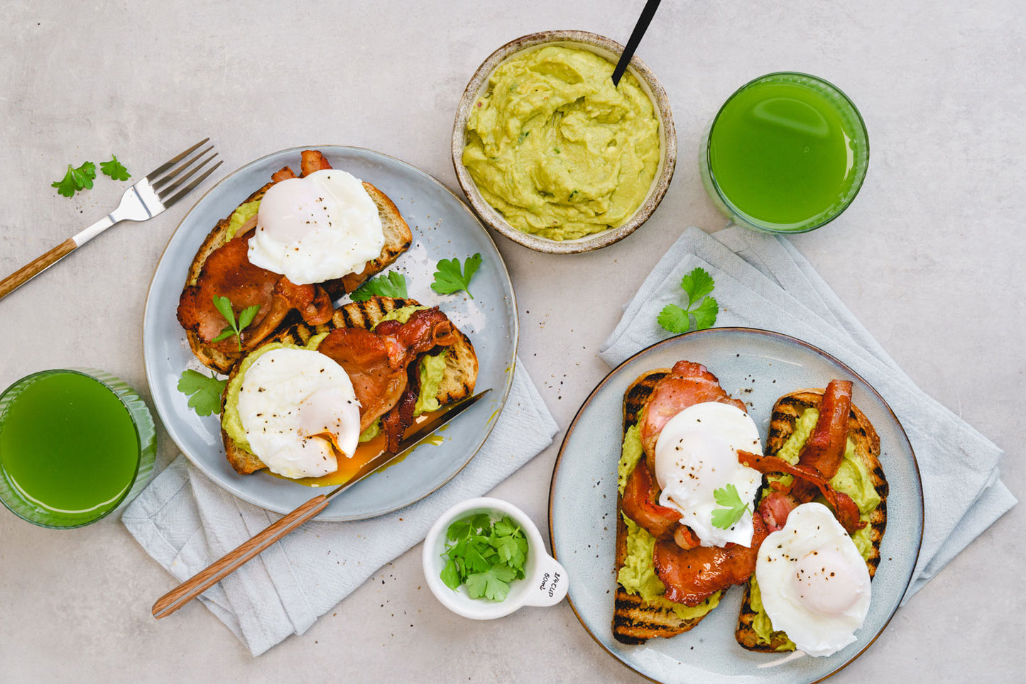 Poached Eggs Bacon and Guacamole Toast - with Green Juice